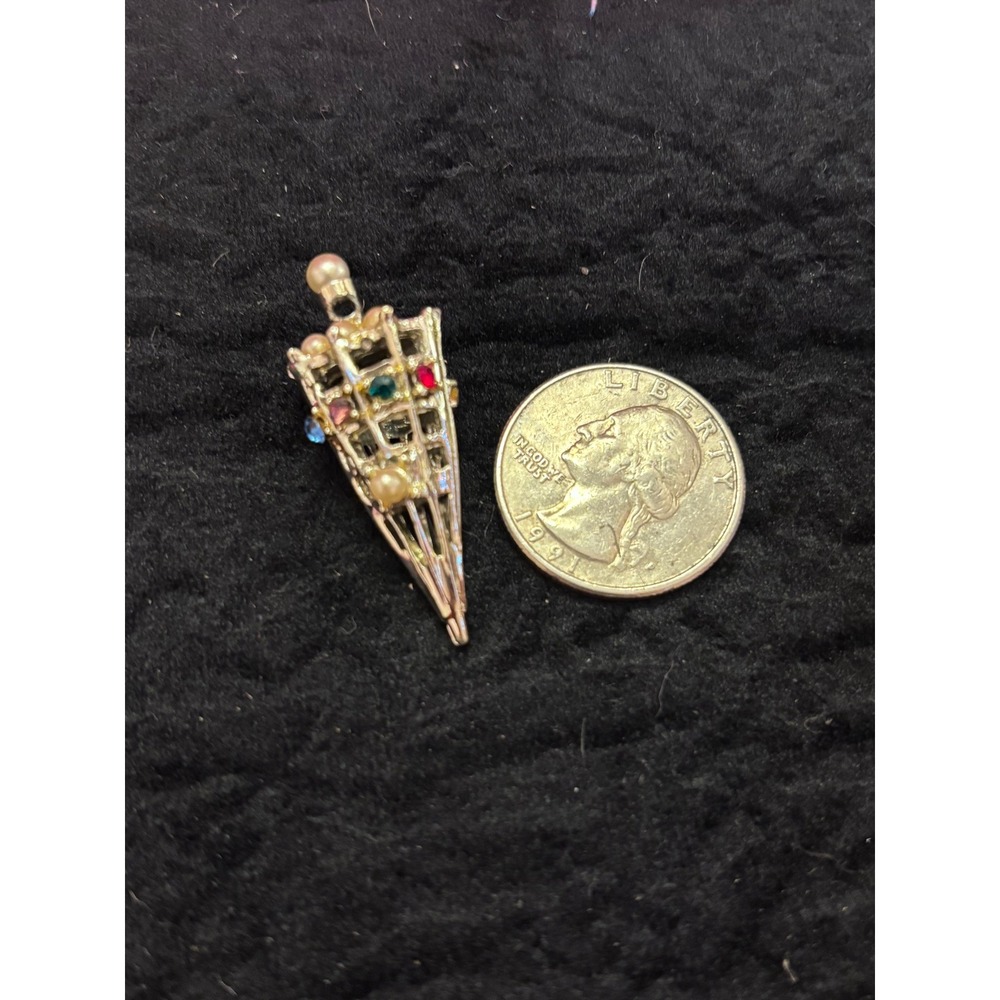 Vintage silverTone Umbrella Pendant Multi Color Rhinestone Faux Pearl Charm
